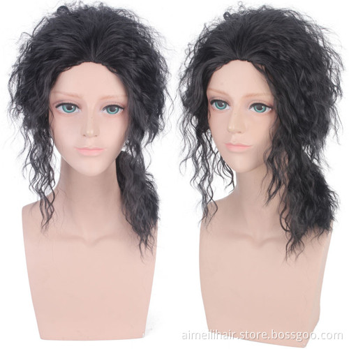 Men Wig Long Kinky Straight Synthetic Wig Cosplay Black Color Costume Wigs for Party Halloween Hair Style